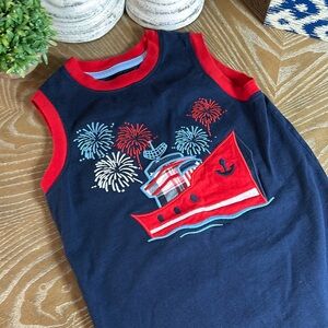 Boys American Red White & Blue Tug Boat Fireworks Sleeveless Tank Top Shirt